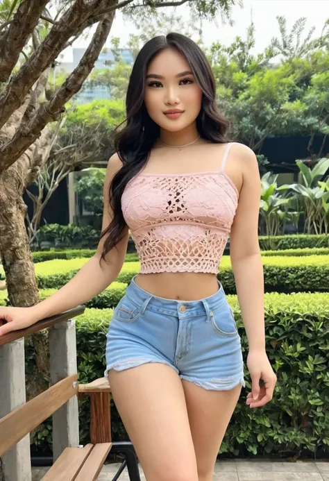 ((high quality:1.2)), Work of art, (8k), extremely detailed, ((High detail:1.2)) ((best resolution)), (KKKDoVal woman), Solo, 24 year old Vietnamese female, (crop top, mini-shorts), ((extremely beautiful and perfect face:1.4)), 