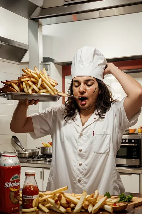 a seagull wearing chef suit, cooking fries, hilarious, slumber, messy work, ketchup splat everywhere, animatic art