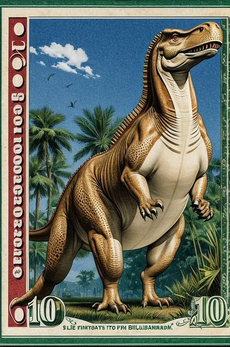 Dinosaurio con traje en medio de una lluvia de billetes de 100$ 