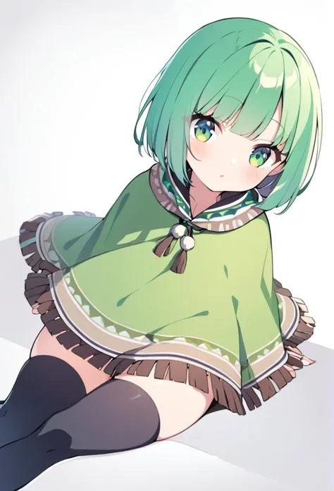 1 girl, cute, young, green hair, bob haircut, green eyes, poncho, thigh high,