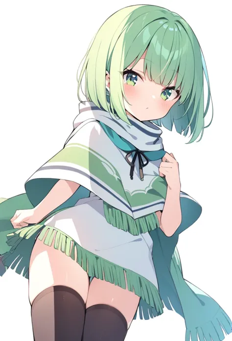 1 girl, cute, young, green hair, bob haircut, green eyes, poncho, thigh high,