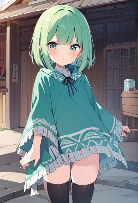 1 girl, cute, young, green hair, bob haircut, green eyes, poncho, thigh high,