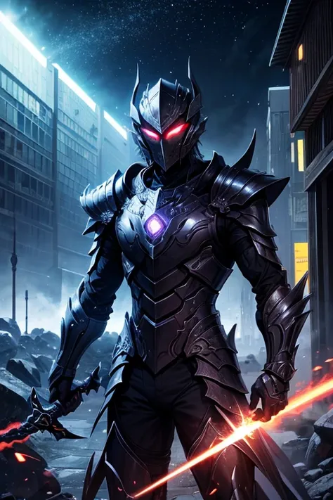  Desenhe um guerreiro futurista, mixing elements of advanced armor and draconian inspiration. He wears sleek, shiny armor that resembles dragon scales., com detalhes luminescentes azulados. Your sword is black as night, com linhas azuladas que parecem puls...