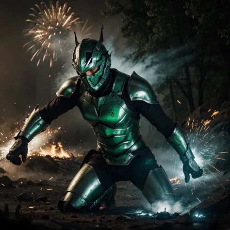 A warrior in full green shiny armor with white and silver accents, face visible, in a highly detailed burning forest background, emitting blue flames mixed with thin black smoke from his hands, surrounded by sparks and thin black mist, performing a powerfu...