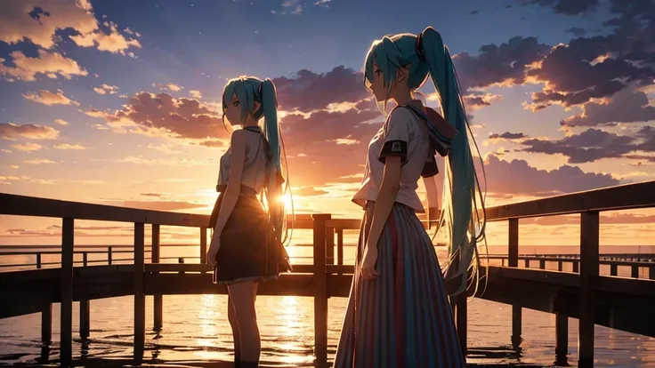 Hatsune Miku is standing on a wooden bridge lit by the setting sun in an upscaled scene。She stared into the distance、I&#39;m reminiscing on fond memories。Surrounded by a quiet lake、Her hair is blowing in the wind。This scene is、It has a calm and emotive atm...