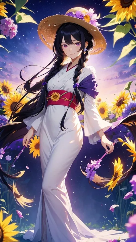 anime illustration in the style of elegant and beautiful Lady with long black hair in braids wears ander a straw hat decorated with flowers, she has purple eyes and is wearing a elegant colored furisode. the background depicts a magical garden filled with ...