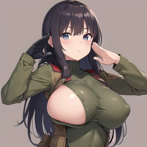 Super detailed、bare breasts,Army clothing leotard,salute,big breast,huge breast,showing face