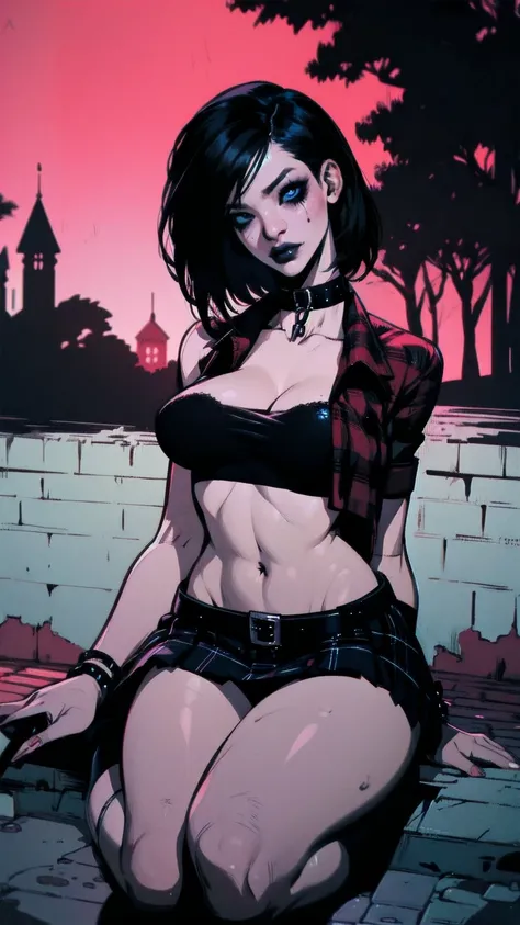 a woman with short black hair, hair on shoulders, wearing a black cropped and plaid skirt, blue eyes, zombie art, gothic art, cute aesthetic with vibe, toon aesthetic, wearing red costume, wearing gothic accessories, look like Cassie Hack, sitting on the g...