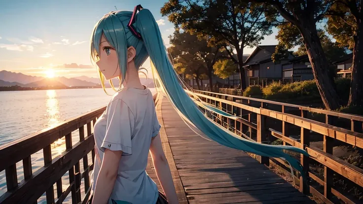 Hatsune Miku is standing on a wooden bridge lit by the setting sun in an upscaled scene。She stared into the distance、I&#39;m reminiscing on fond memories。Surrounded by a quiet lake、Her hair is blowing in the wind。This scene is、It has a calm and emotive atm...