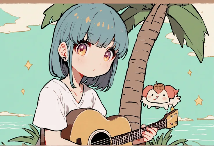 Studio Ghibli Style HMC, 夕暮れ時に棚に座ってplay the guitar少年, Wallpaper 8k, play the guitar, LOFI Girl,(Warm, vibrant colors), (soft, Golden Light), (Sparkling reflections on the water), Anime Style，Ocean，Oceanのビーチ，Coconut Tree, Illustrator