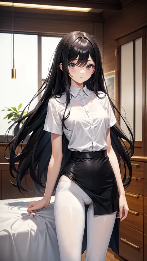 Black long straight hair woman，White short sleeve open collar shirt top，，underwear，white pantyhose，Standing，indoor