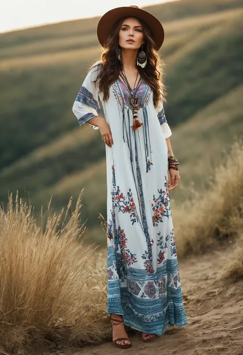 , Beautiful attractive woman , stand up, boho style, full-length 