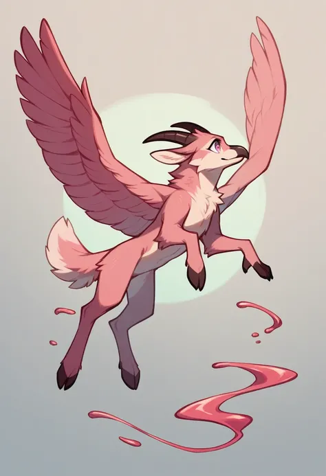 The goat that like a pigeon and flying - fox  , flying fox wings , 4 legs , ears , horn , dark red aura , pink white eyes , liquid pink fur , beak , scarft