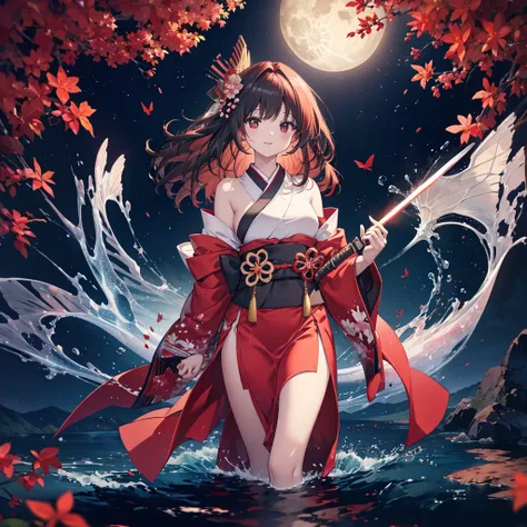 ((High resolution　Redhead　Long Hair　Tie-up hair　Black kimono　red band　Goddess of victory　smile　Standing on the surface of the water))　((Red butterfly　night　Japanese style　shoulder　old　Shining Aura　rain))　(((Grasp the sword　Japanese sword　long blade　Light r...