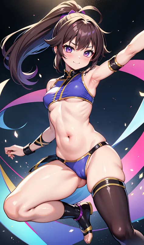 Human Woman。smile、Colorfully lit subspace、Dark brown ponytail、Amazoness、Woman warrior、Female Ninja、A little belly button、Uplifting、Open your legs a little、Colorful costumes