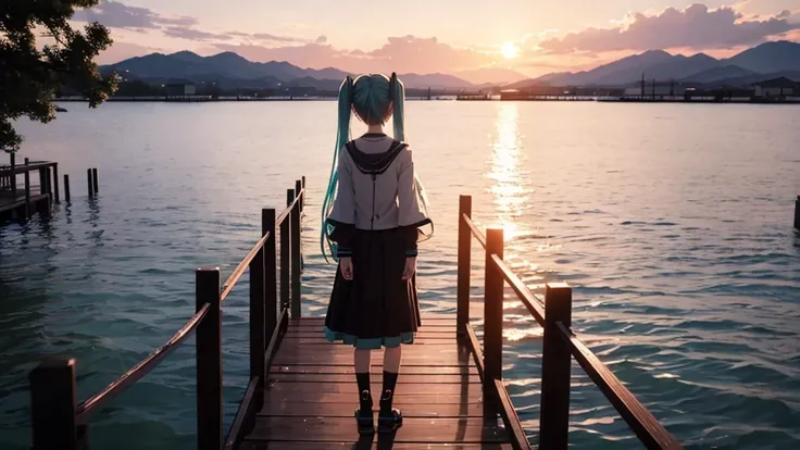 Hatsune Miku is standing on a wooden bridge lit by the setting sun in an upscaled scene。She stared into the distance、I&#39;m reminiscing on fond memories。Surrounded by a quiet lake、Her hair is blowing in the wind。This scene is、It has a calm and emotive atm...