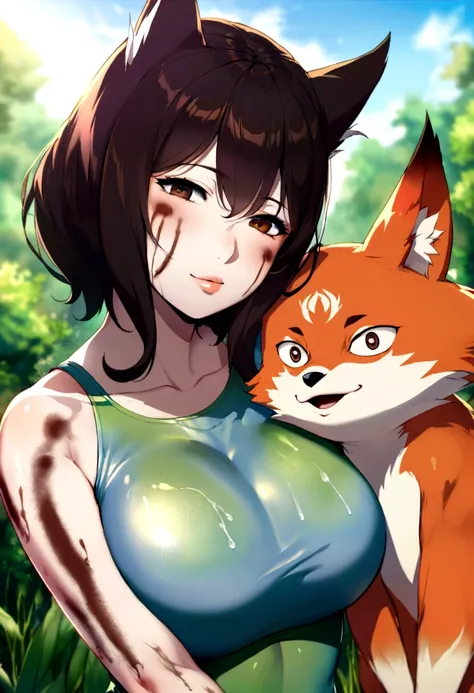 Hairy fox mom , Round face , (Tilt your face:1.1) , (Half-open wink:1.2) , Moist, round eyes , Swollen cheeks , Dark Hair , motherly smile , Glossy Lips , (nude:1.2) , Tight-fitting one-piece swimsuit , (Faded body paint:1.4) , nature  , Sunny seaside , Wi...