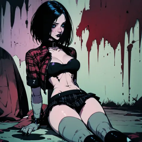 a woman with short black hair, hair on shoulders, wearing a black cropped and plaid skirt, blue eyes, zombie art, gothic art, cute aesthetic with vibe, toon aesthetic, wearing red costume, wearing gothic accessories, look like Cassie Hack, sitting on the g...