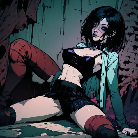 a woman with short black hair, hair on shoulders, wearing a black cropped and plaid skirt, blue eyes, zombie art, gothic art, cute aesthetic with vibe, toon aesthetic, wearing red costume, wearing gothic accessories, look like Cassie Hack, sitting on the g...