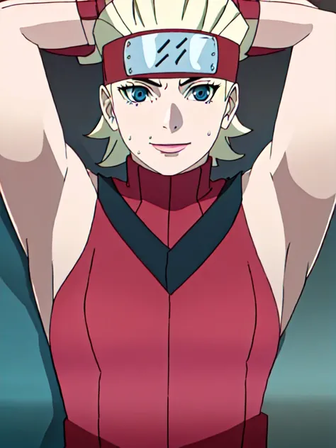 BUNTAN, 1GIRL, SHORT HAIR, BLUE EYES, BLONDE HAIR, GLOVES, BARE SHOULDERS, HEADBAND, SLEEVELESS TURTLENECK, solo facing viewer, looking at viewer, smile,armpit,armpits,showing armpits,awesome armpits,sweat, sweaty,sweaty armpits,tired,red arm warmers