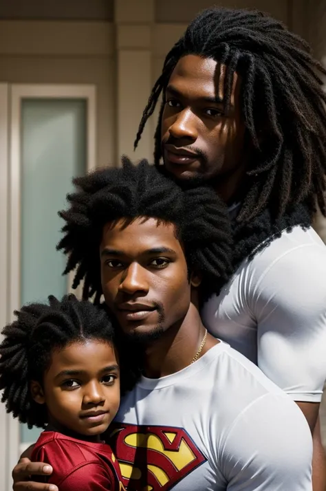 I want an image of a black-skinned Superman with afro hair holding his white 3-year-old son with straight hair in his arms and his black 12-year-old son with straight hair looking at him with great admiration. 