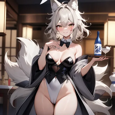 (masterpiece,best quality,very aesthetic),(disheveled hair)(ultra-detailed),1girl,solo,curvy,a fox tail,medium breasts,(platinum blonde fox ears),short hair,platinum blonde hair,beautiful face,(messy hair),(disheveled hair),hair intakes,(fusion of gray kim...