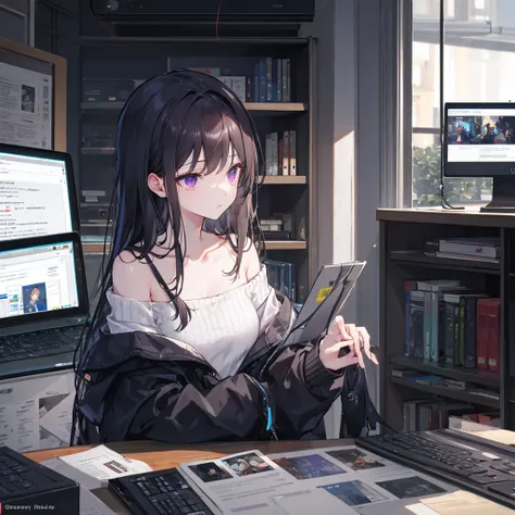 ((Best quality)), ((masterpiece)), (detailed), attractive girl, monitor in place of the head, cursor on screen, long off-shoulder sweater, slender legs, Violet eyes, brunette Night. computer. internet. 
Three hours and still no sleep. 
Knocking and typing....