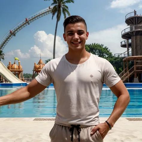 A young, Slavic man smiling, tanned skin, brown eyes, haircut styles. In a white t-shirt and beach shorts, strong mans hands. in a water park inside the pool, in the background water park (Best quality, 4k, 8k, high resolution, masterpiece: 1.2), super det...