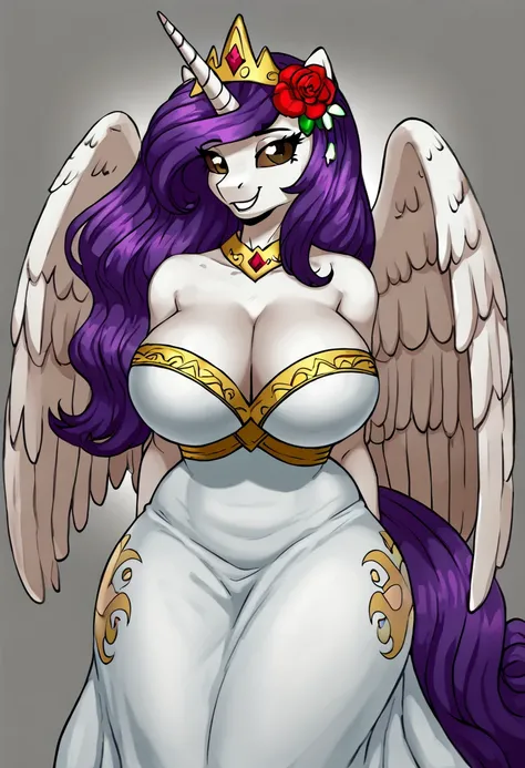 Alicorn princess anthro ,white fur,brown eye color white sclera, blue and purple mane smiling ,big breasts and big ass wearing beautiful dress,flower in hair red heart cutie mark