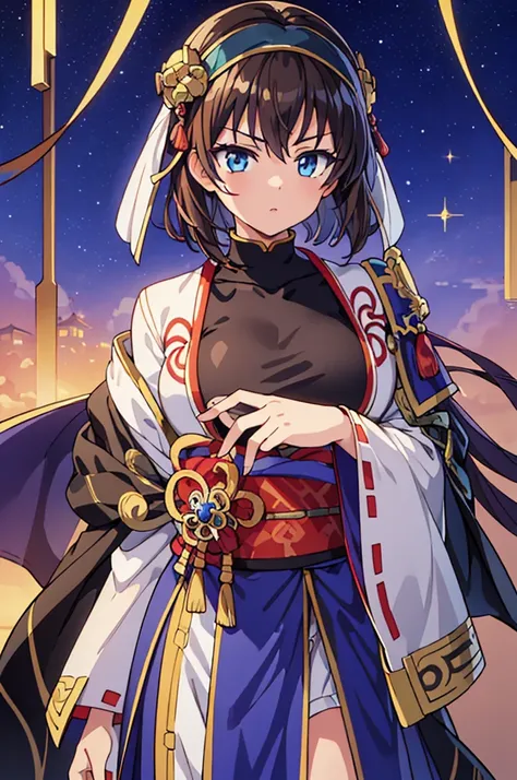 Highest quality, masterpiece, High resolution, alone, （Fire Emblem Hardin），（Fire Emblem: Mystery of the Emblem），turbaned，Japanese sword，kimono，Great armor、Shogun，（armor），（White‗Mantle），（Brown_Hair Color），Young Girl，Starry Sky_background，Anime Style, Highes...