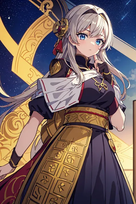 Highest quality, masterpiece, High resolution, alone, （Fire Emblem Hardin），（Fire Emblem: Mystery of the Emblem），turbaned，Japanese sword，kimono，Great armor、Shogun，（armor），（White‗Mantle），（Brown_Hair Color），Young Girl，Starry Sky_background，Anime Style, Highes...