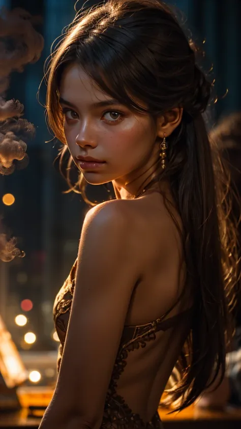 HyperSmoke, award winning portrait photo of an young norwegian woman, fair skin, bokeh, backlit, (brown color in detail:1.1), elegant atmosphere, realistic, intricate details, true skin tone, dark backround 