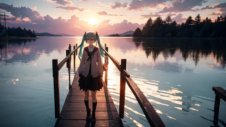 Hatsune Miku is standing on a wooden bridge lit by the setting sun in an upscaled scene。She stared into the distance、I&#39;m reminiscing on fond memories。Surrounded by a quiet lake、Her hair is blowing in the wind。This scene is、It has a calm and emotive atm...