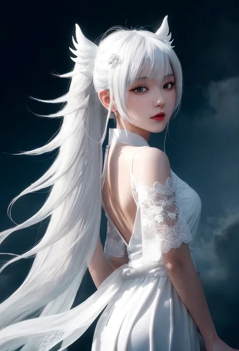 Cirila Fiona Ellen Rhiannon，Dynamic Lighting，Art Station，Poster，Volumetric Lighting，Highly detailed face，4K wallpaper，Awards，1 Girl with White Hair，He has a delicate and beautiful face，Long hair flows，Horse tail，Fringe hair ornament，Dynamic Perspective，Whi...