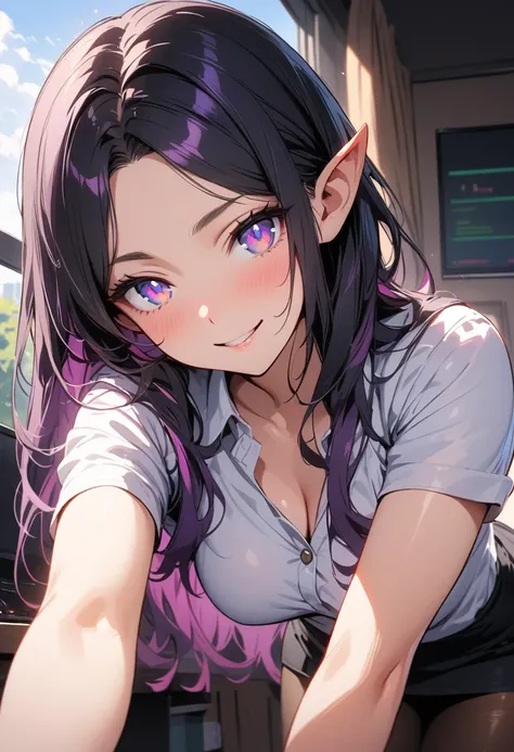 ((highest quality, masterpiece, ultra high definition, high resolution)), ((ultra-detailed illustrations:1.2)), 1 girl, solo, anime style, beautiful hair, parted bangs, loose hair, long hair, black hair, dark purple hair, multi colored hair, beautiful deta...