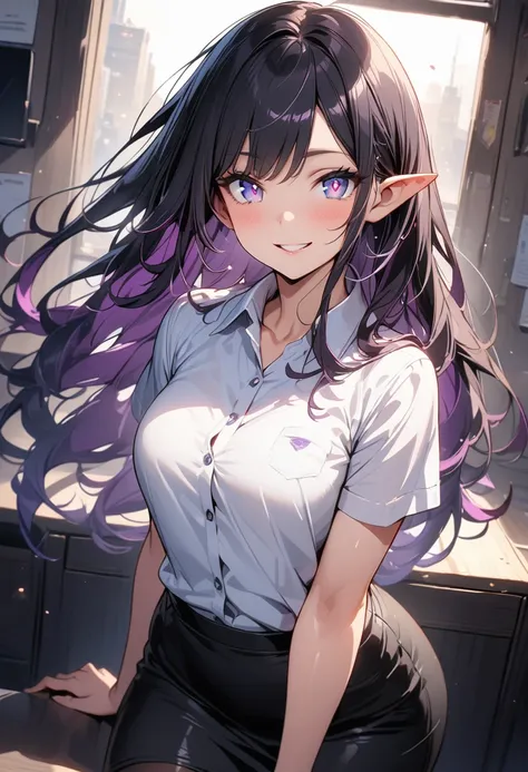 ((highest quality, masterpiece, ultra high definition, high resolution)), ((ultra-detailed illustrations:1.2)), 1 girl, solo, anime style, beautiful hair, parted bangs, loose hair, long hair, black hair, dark purple hair, multi colored hair, beautiful deta...