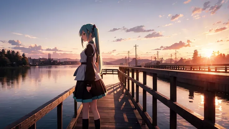 Hatsune Miku is standing on a wooden bridge lit by the setting sun in an upscaled scene。She stared into the distance、I&#39;m reminiscing on fond memories。Surrounded by a quiet lake、Her hair is blowing in the wind。This scene is、It has a calm and emotive atm...