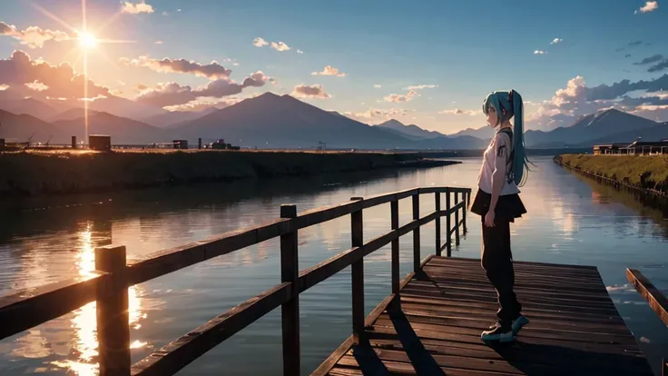 Hatsune Miku is standing on a wooden bridge lit by the setting sun in an upscaled scene。She stared into the distance、I&#39;m reminiscing on fond memories。Surrounded by a quiet lake、Her hair is blowing in the wind。This scene is、It has a calm and emotive atm...