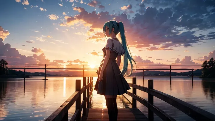 Hatsune Miku is standing on a wooden bridge lit by the setting sun in an upscaled scene。She stared into the distance、I&#39;m reminiscing on fond memories。Surrounded by a quiet lake、Her hair is blowing in the wind。This scene is、It has a calm and emotive atm...