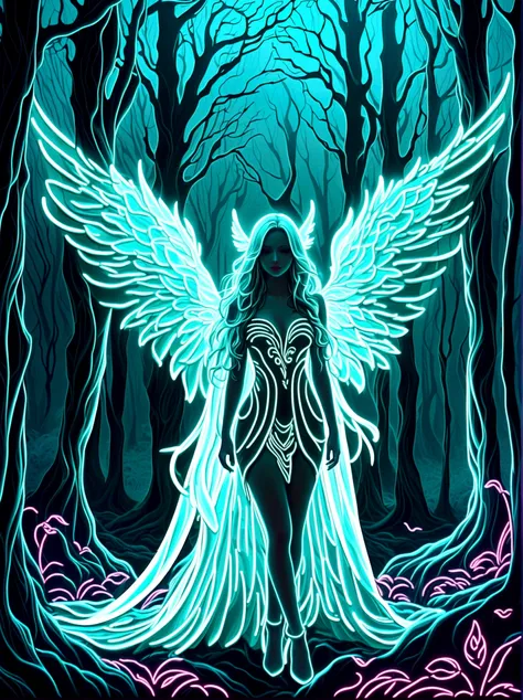 neon，发光的neon, desolate mysterious forest in fog，beautiful girl with long white wavy hair，stand in front，with wings，(翅膀由彩虹色neon轨迹...