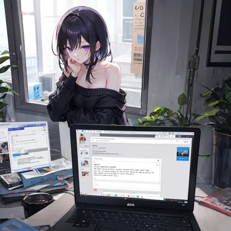 ((Best quality)), ((masterpiece)), (detailed), attractive girl, monitor in place of the head, cursor on screen, long off-shoulder sweater, slender legs, Violet eyes, brunette Night. computer. internet. 
Three hours and still no sleep. 
Knocking and typing....