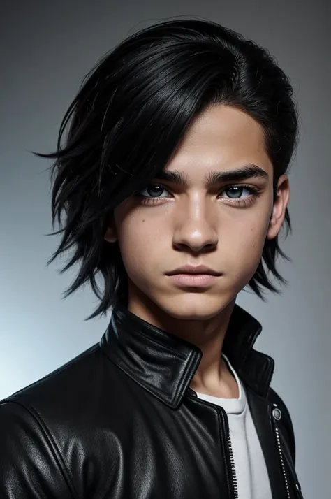 Captura de pantalla de un chico con cabello rubio, Corte de cabello desordenado, ojos de color miel, pecas casi no notables, pompous but small lips, long eyelashes, with a short black sleeve and a black gothic jacket on top, collar emo, ojos fuck eyes. Sol...