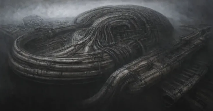 Create biomechanical tableau with some of the artistic techniques and compositional features used in /&quot;Necron IV/” by h r (Hans Rudie) giger:
 The image depicts a complex, sprawling city made of dark ivory, metal and wires. The city is densely packed ...