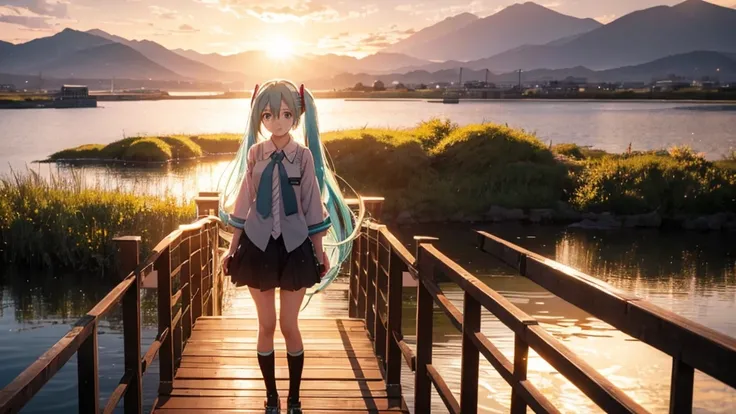 Hatsune Miku is standing on a wooden bridge lit by the setting sun in an upscaled scene。She stared into the distance、I&#39;m reminiscing on fond memories。Surrounded by a quiet lake、Her hair is blowing in the wind。This scene is、It has a calm and emotive atm...