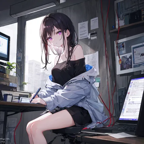 ((Best quality)), ((masterpiece)), (detailed), attractive girl, monitor in place of the head, cursor on screen, long off-shoulder sweater, slender legs, Violet eyes, brunette Night. computer. internet. 
Three hours and still no sleep. 
Knocking and typing....