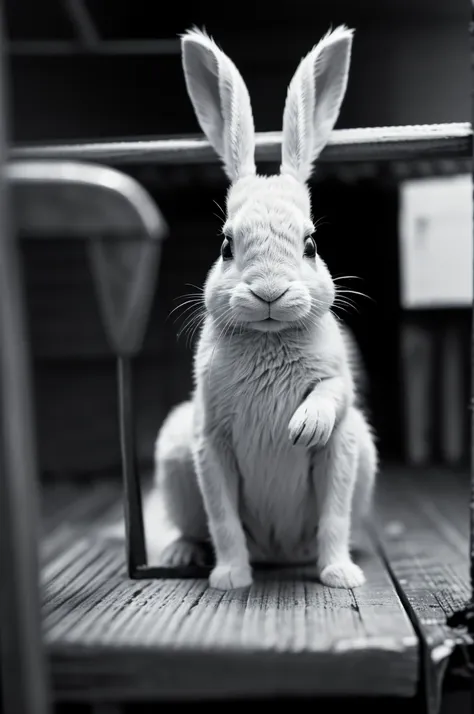 a black and white anthropomorphic rabbit with floppy ears milking an aphid in a wooden stall, masterpiece, best, photo realistic