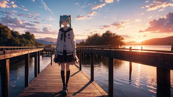 Hatsune Miku is standing on a wooden bridge lit by the setting sun in an upscaled scene。She stared into the distance、I&#39;m reminiscing on fond memories。Surrounded by a quiet lake、Her hair is blowing in the wind。This scene is、It has a calm and emotive atm...