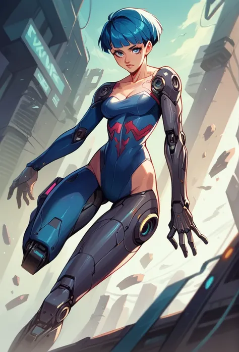 a beautiful cyberpunk cyborg woman, blue eyes, short hair, human body, mechanical legs, mechanical arms, in a furistic city, 8k ultra detailed and realistic