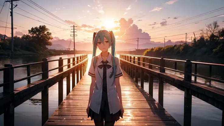 Hatsune Miku is standing on a wooden bridge lit by the setting sun in an upscaled scene。She stared into the distance、I&#39;m reminiscing on fond memories。Surrounded by a quiet lake、Her hair is blowing in the wind。This scene is、It has a calm and emotive atm...