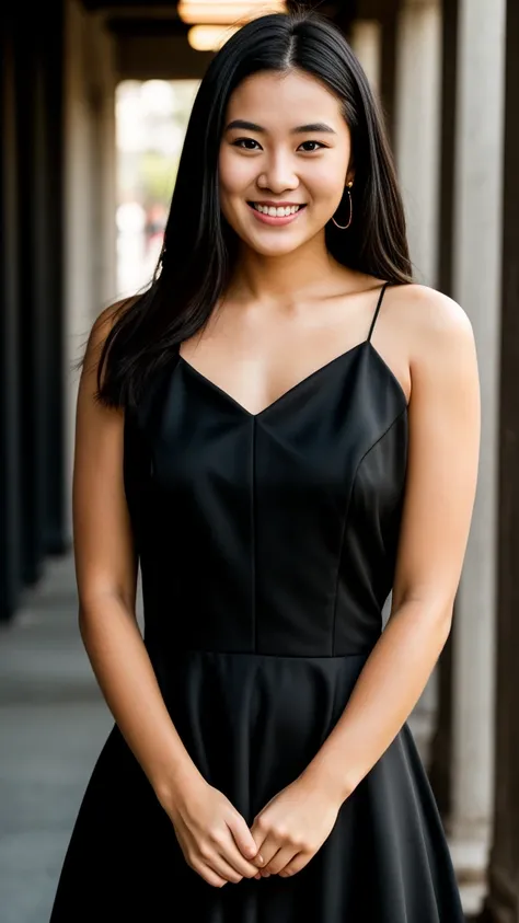 RAW photo, face portrait photo of beautiful 26 y.o woman, cute face, wearing black dress, happy face, hard shadows, cinematic shot, dramatic lighting